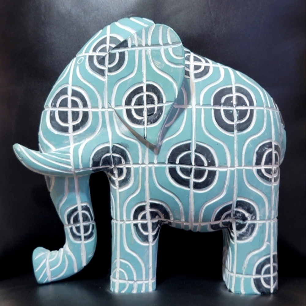 Hand Painted 9" Wooden Elephant Figurine Blue Geometric Mosaic Decor Hand Carved